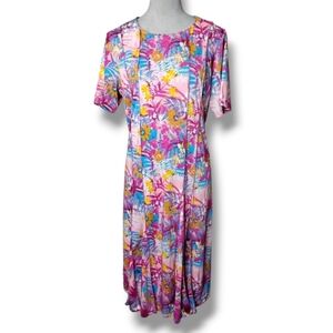 Vintage 80s Jemma Dress Women’s M Floral Pleated Tropical Popover Midi USA Made